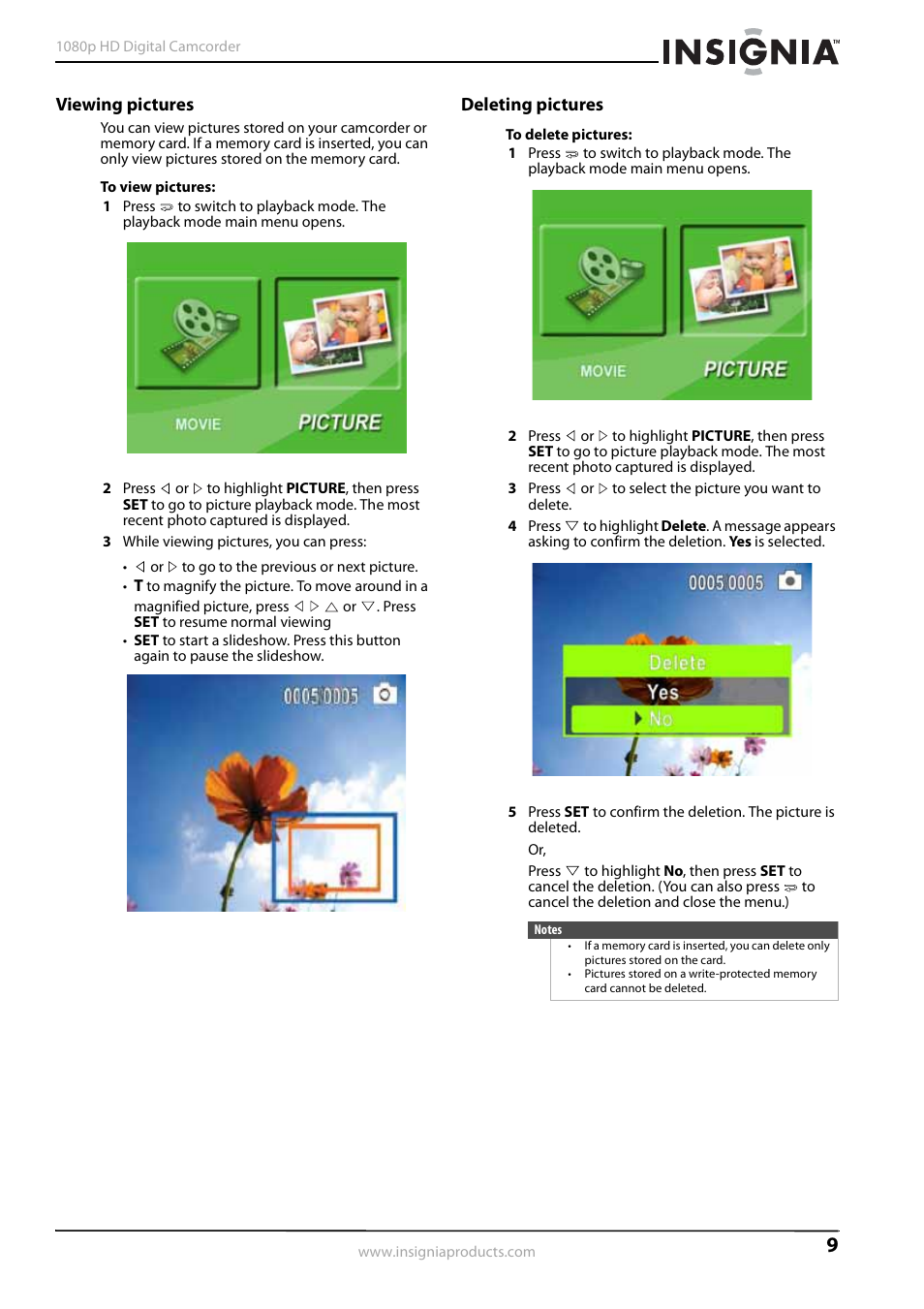 Viewing pictures, Deleting pictures, Viewing pictures deleting pictures | Insignia 1080p HD Digital NS-DV1080P User Manual | Page 13 / 28