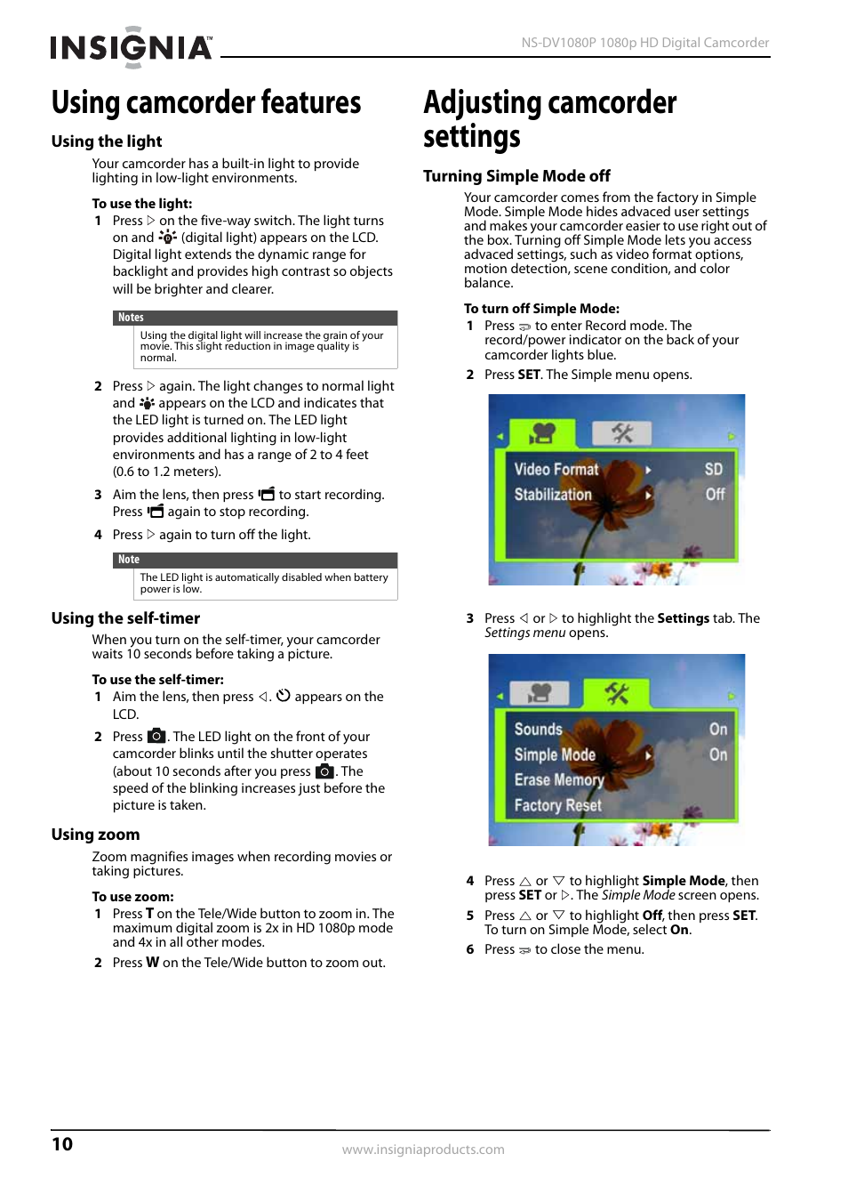 Using camcorder features, Using the light, Using the self-timer | Using zoom, Adjusting camcorder settings, Turning simple mode off, Using the light using the self-timer using zoom | Insignia 1080p HD Digital NS-DV1080P User Manual | Page 14 / 28