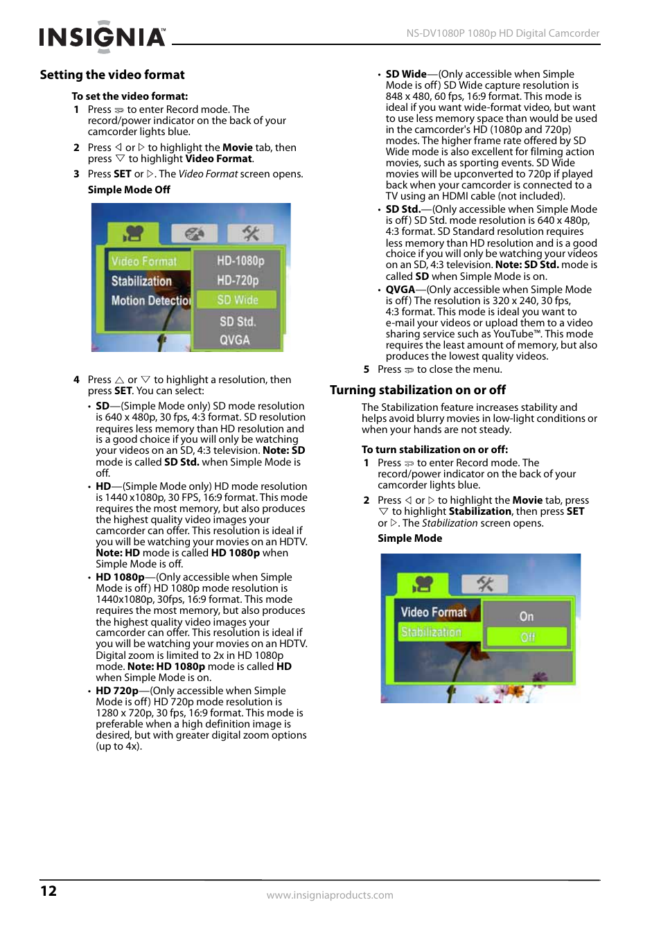 Setting the video format, Turning stabilization on or off | Insignia 1080p HD Digital NS-DV1080P User Manual | Page 16 / 28