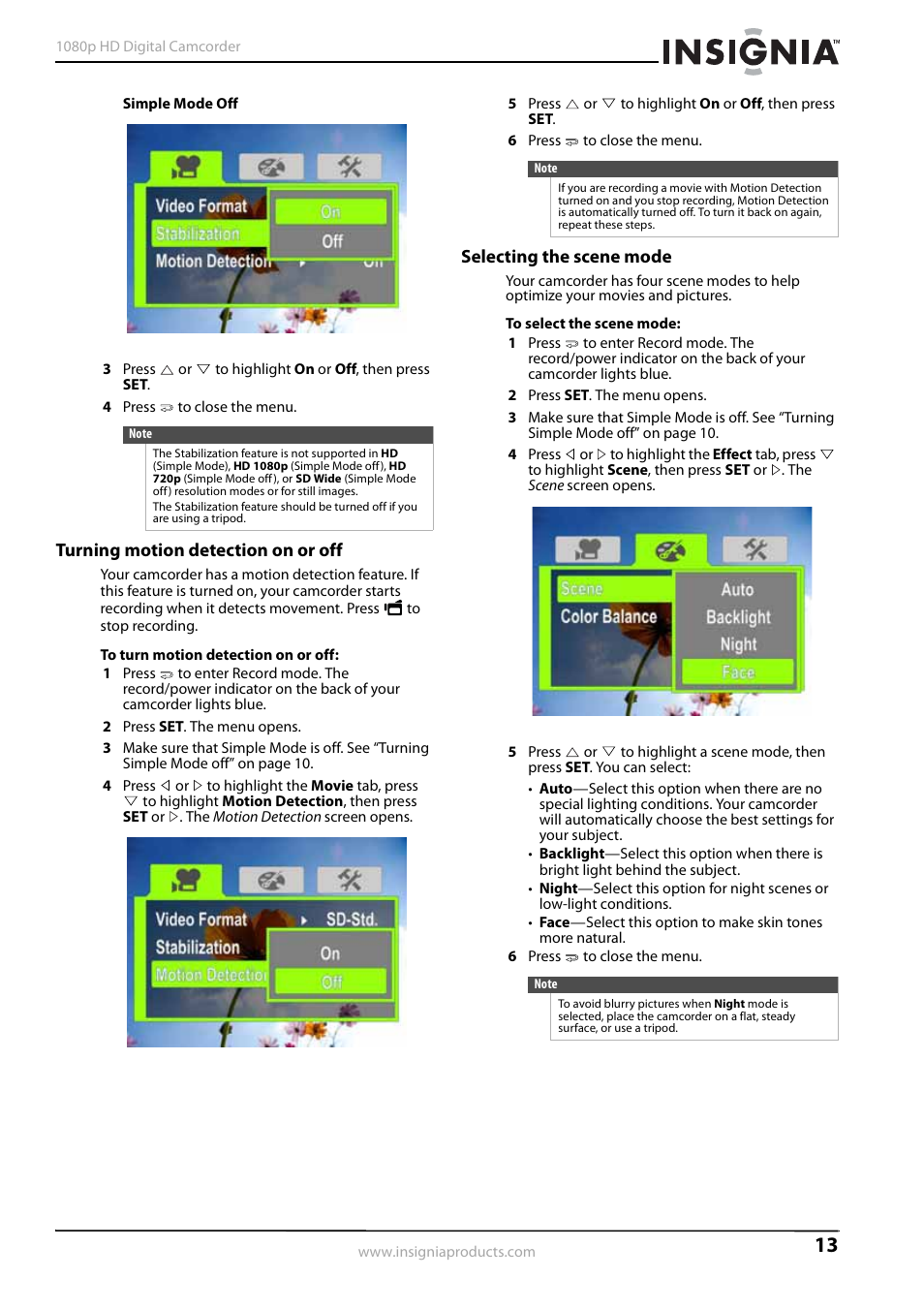 Turning motion detection on or off, Selecting the scene mode | Insignia 1080p HD Digital NS-DV1080P User Manual | Page 17 / 28