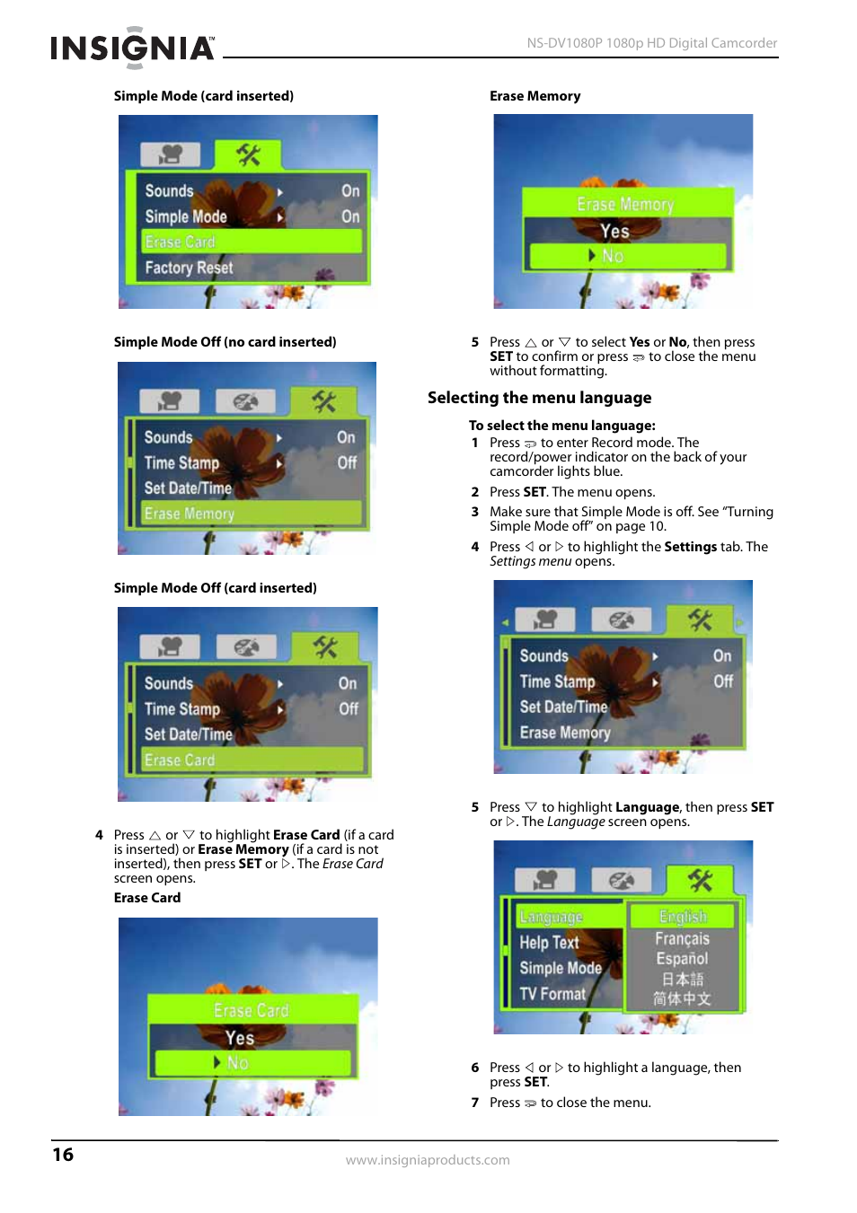 Selecting the menu language | Insignia 1080p HD Digital NS-DV1080P User Manual | Page 20 / 28