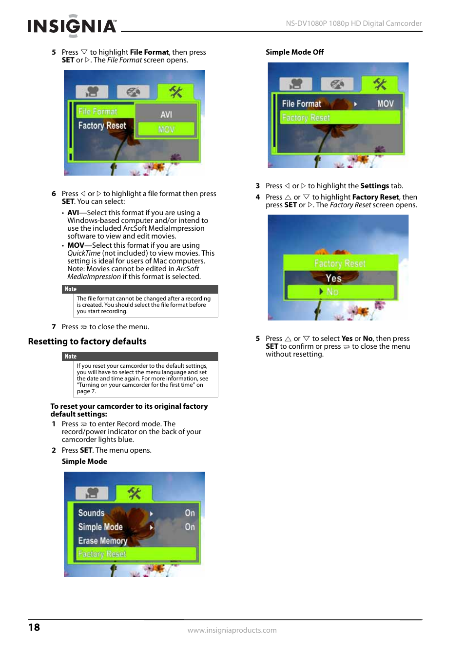 Resetting to factory defaults | Insignia 1080p HD Digital NS-DV1080P User Manual | Page 22 / 28