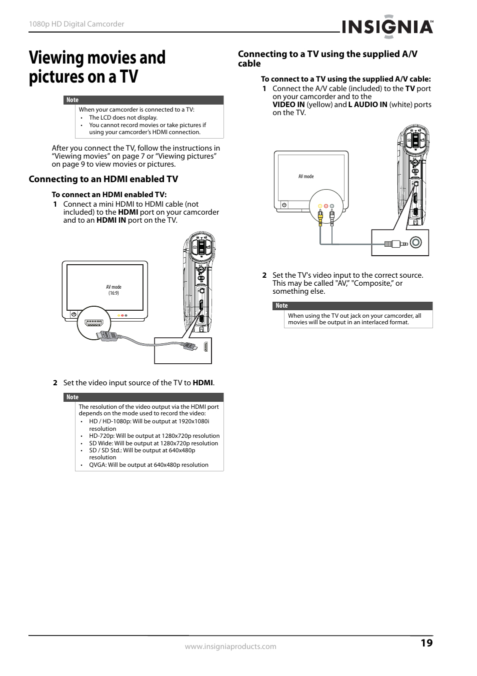 Viewing movies and pictures on a tv, Connecting to an hdmi enabled tv, Connecting to a tv using the supplied a/v cable | Insignia 1080p HD Digital NS-DV1080P User Manual | Page 23 / 28