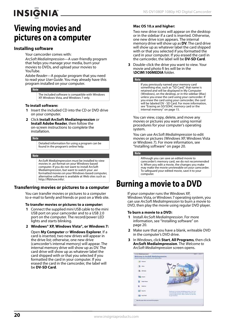 Viewing movies and pictures on a computer, Installing software, Transferring movies or pictures to a computer | Burning a movie to a dvd | Insignia 1080p HD Digital NS-DV1080P User Manual | Page 24 / 28
