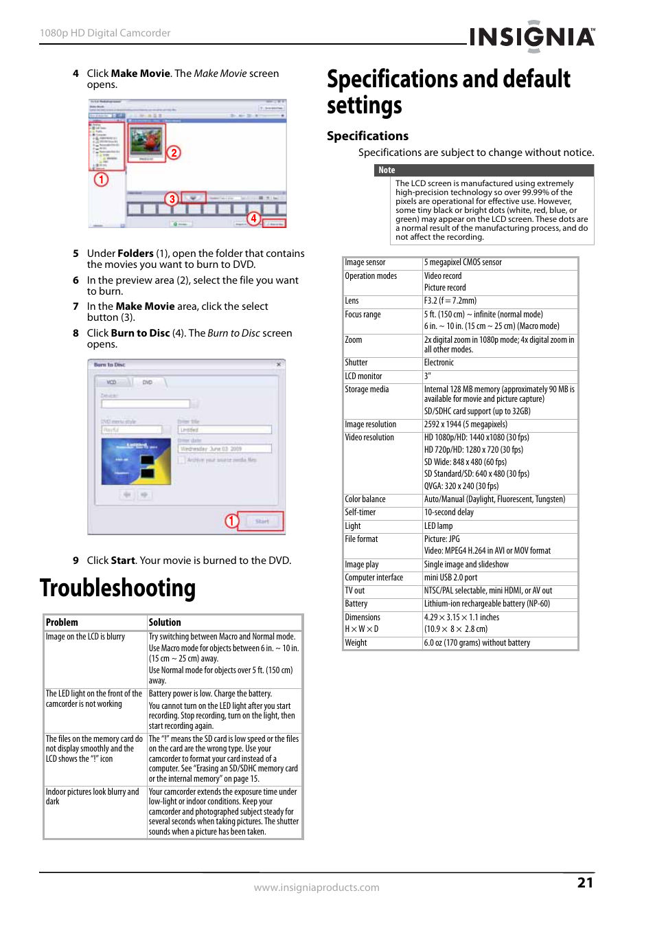 Troubleshooting, Specifications and default settings, Specifications | Insignia 1080p HD Digital NS-DV1080P User Manual | Page 25 / 28