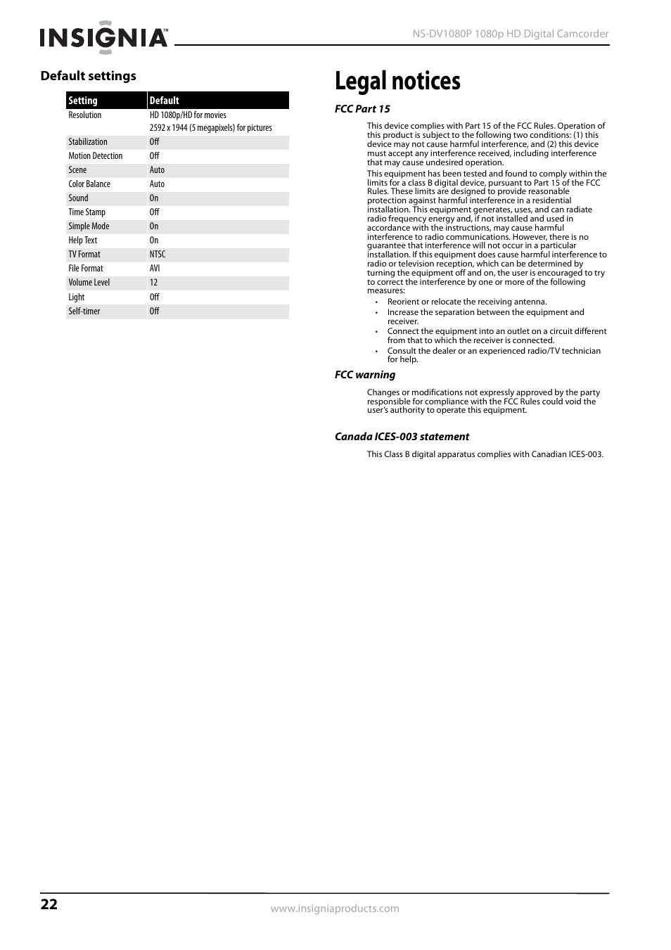 Default settings, Legal notices | Insignia 1080p HD Digital NS-DV1080P User Manual | Page 26 / 28