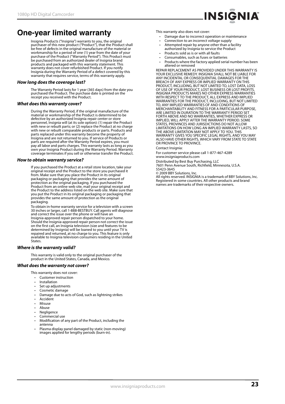 One-year limited warranty | Insignia 1080p HD Digital NS-DV1080P User Manual | Page 27 / 28