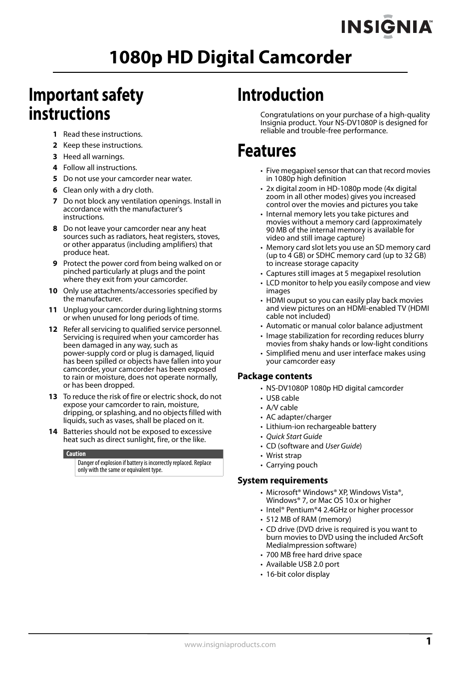Important safety instructions, Introduction, Features | Package contents, System requirements, Package contents system requirements | Insignia 1080p HD Digital NS-DV1080P User Manual | Page 5 / 28