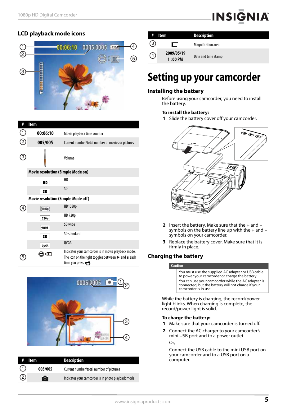 Lcd playback mode icons, Setting up your camcorder, Installing the battery | Charging the battery, Installing the battery charging the battery | Insignia 1080p HD Digital NS-DV1080P User Manual | Page 9 / 28