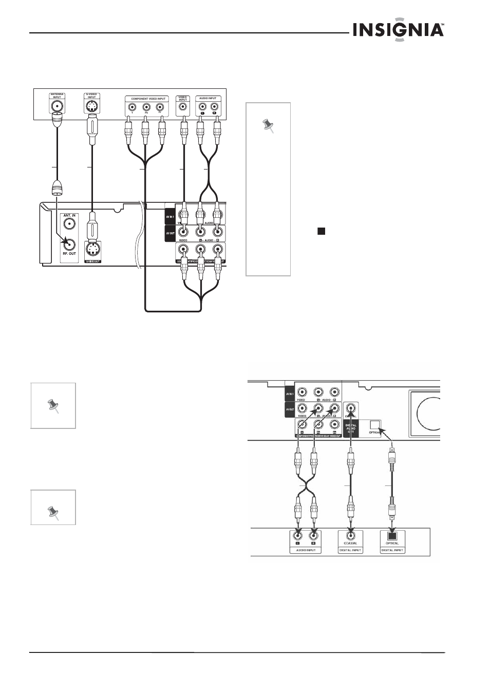 Connecting your recorder to a tv, Rf coaxial connection, To connect to your tv with an rf coaxial cable | Video connection, To connect to your tv with a video cable, S-video connection, To connect to your tv with an s-video cable, Component video/progressive scan connection, To connect to your tv with a component video cable, Audio connection | Insignia NS-DVDR1 User Manual | Page 11 / 118