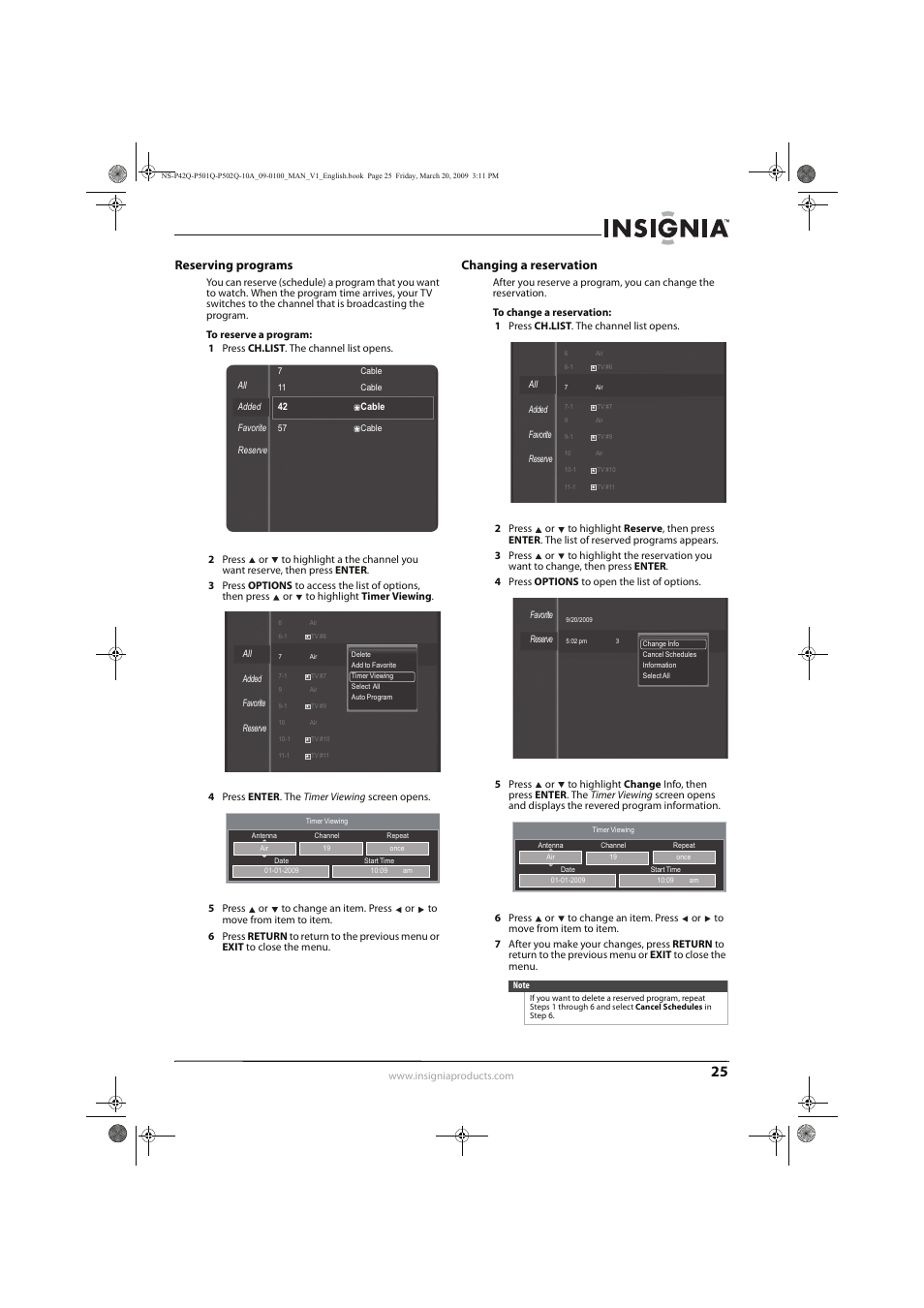 Reserving programs, Changing a reservation | Insignia NS-P42Q10A User Manual | Page 29 / 52