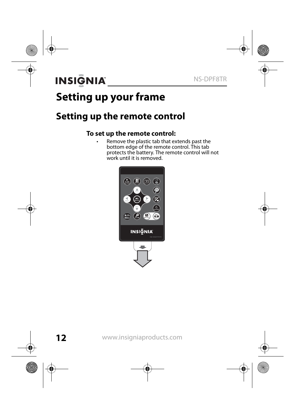 Setting up your frame, Setting up the remote control | Insignia NS-DPF8TR User Manual | Page 12 / 52
