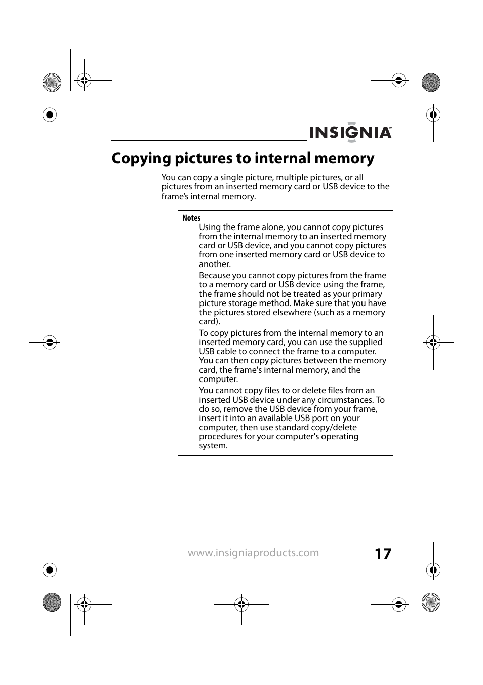 Copying pictures to internal memory | Insignia NS-DPF8TR User Manual | Page 17 / 52