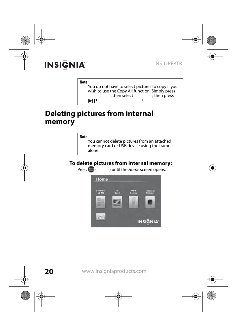Deleting pictures from internal memory | Insignia NS-DPF8TR User Manual | Page 20 / 52