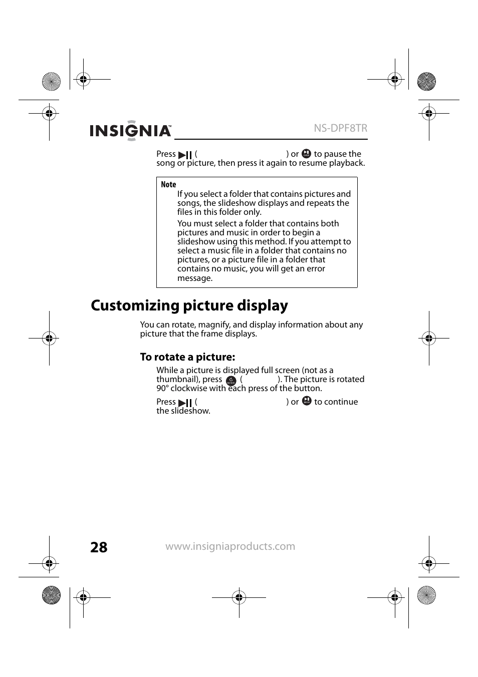 Customizing picture display | Insignia NS-DPF8TR User Manual | Page 28 / 52