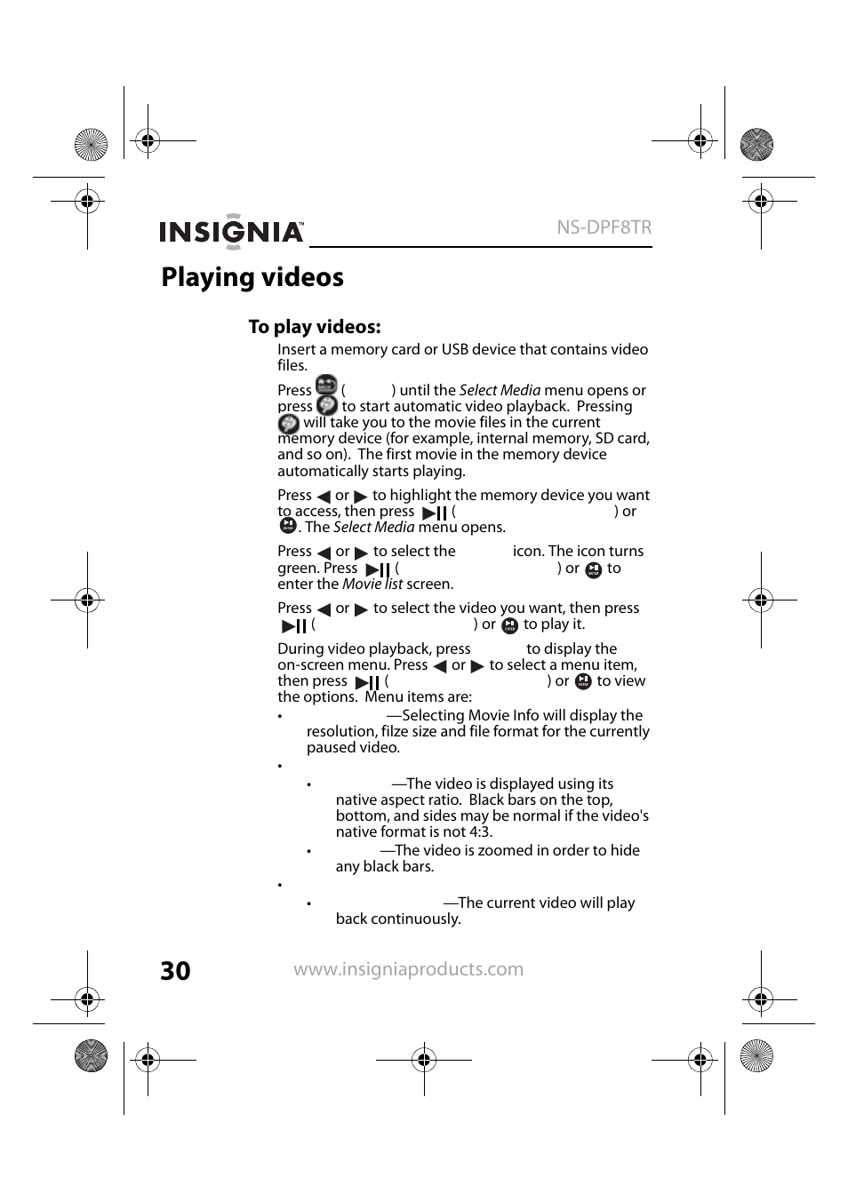 Playing videos | Insignia NS-DPF8TR User Manual | Page 30 / 52