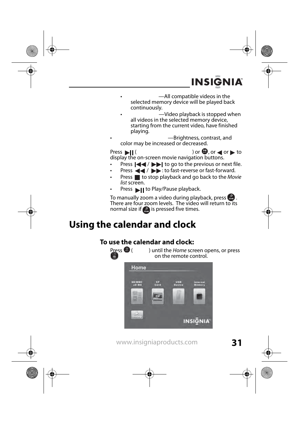 Using the calendar and clock | Insignia NS-DPF8TR User Manual | Page 31 / 52