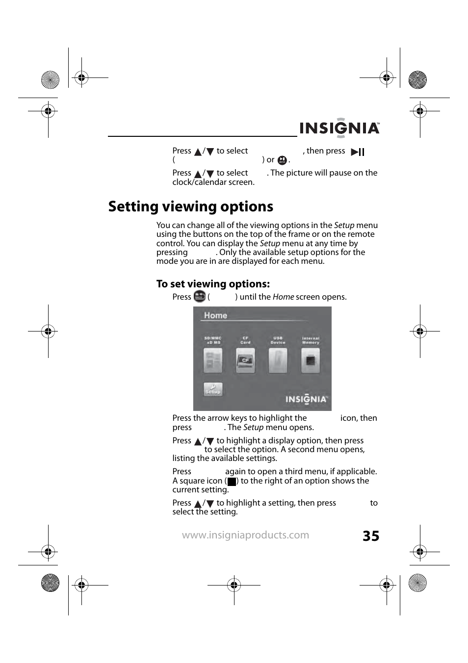 Setting viewing options | Insignia NS-DPF8TR User Manual | Page 35 / 52
