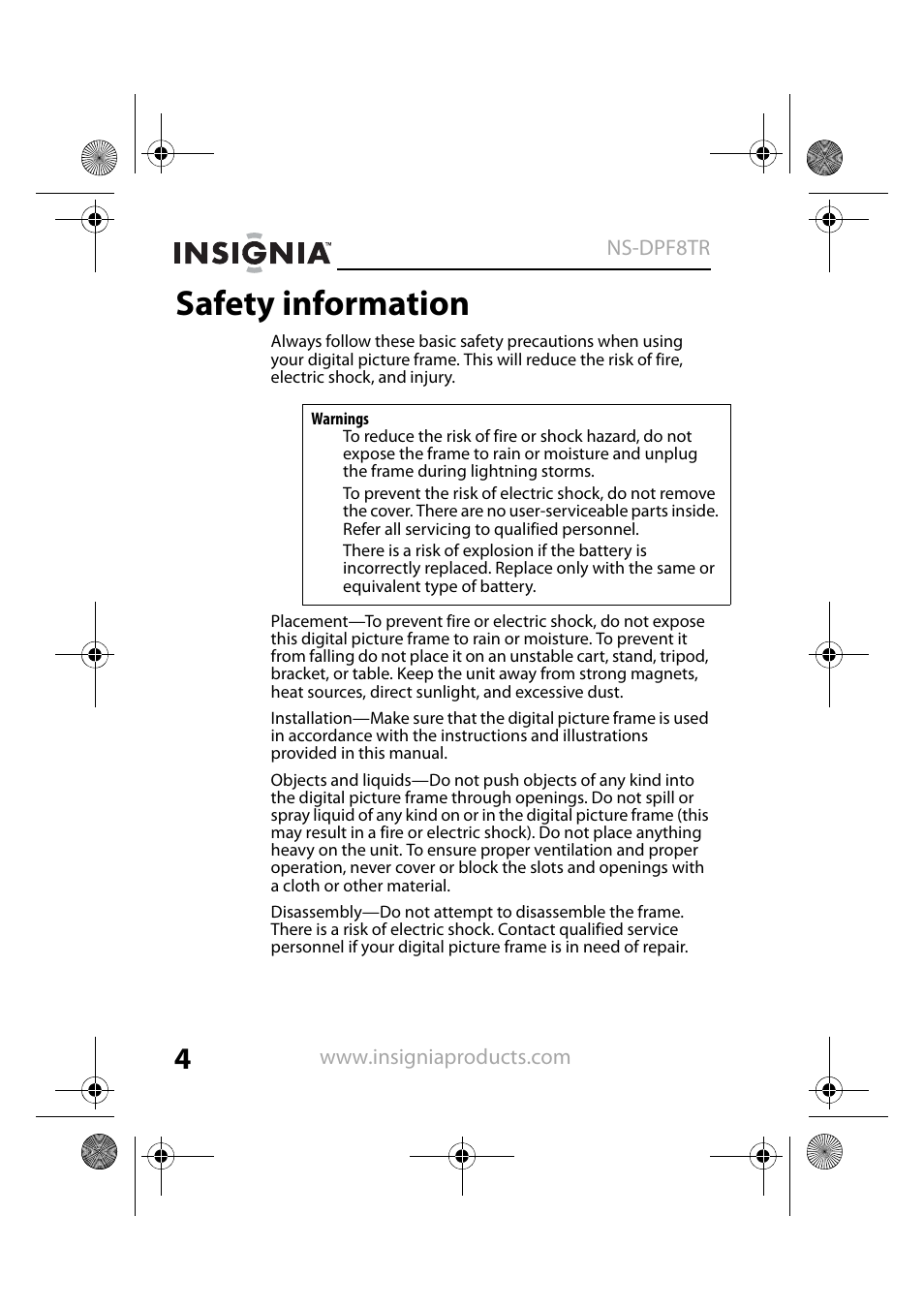 Safety information | Insignia NS-DPF8TR User Manual | Page 4 / 52
