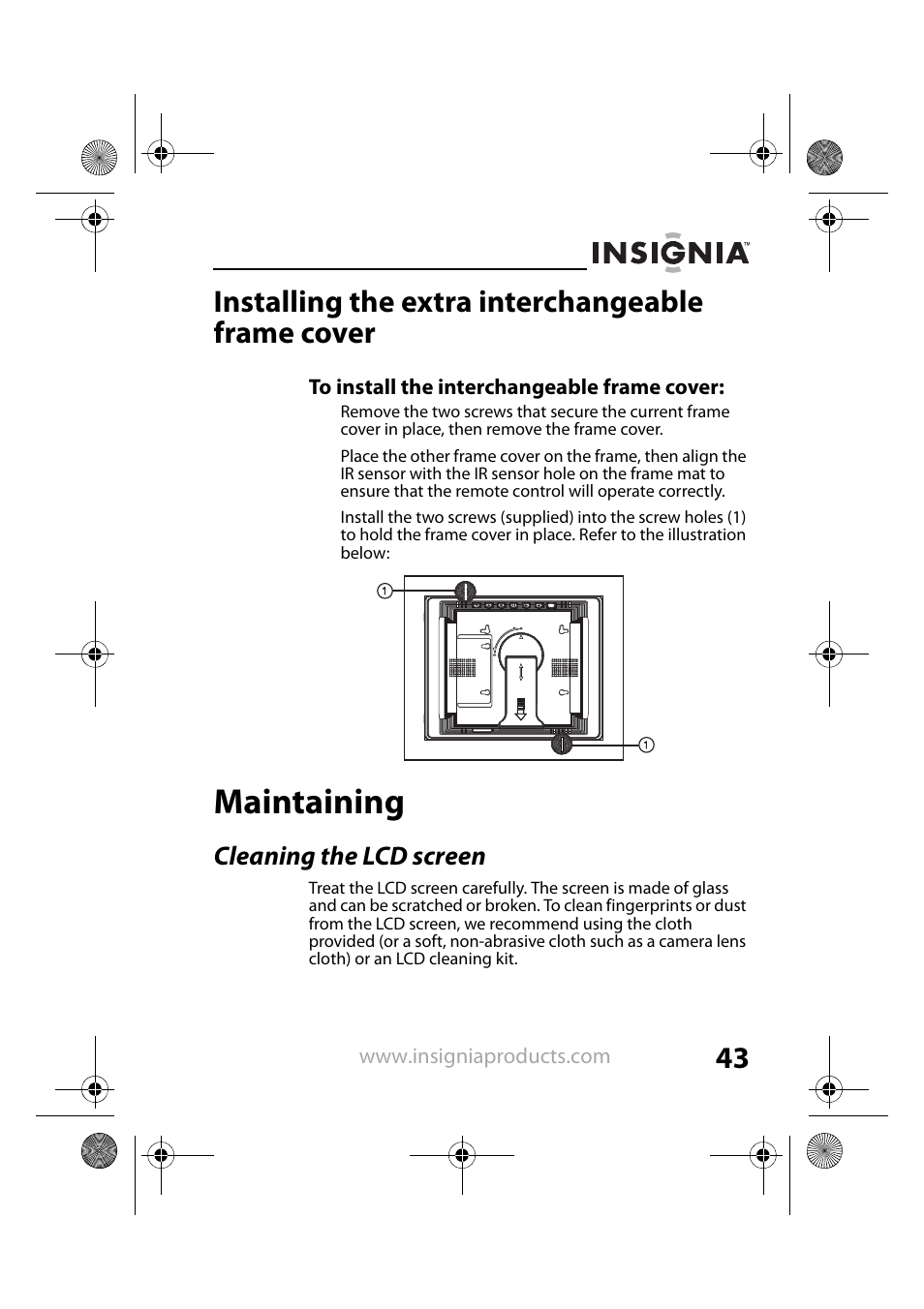 Installing the extra interchangeable frame cover, Maintaining, Cleaning the lcd screen | Insignia NS-DPF8TR User Manual | Page 43 / 52