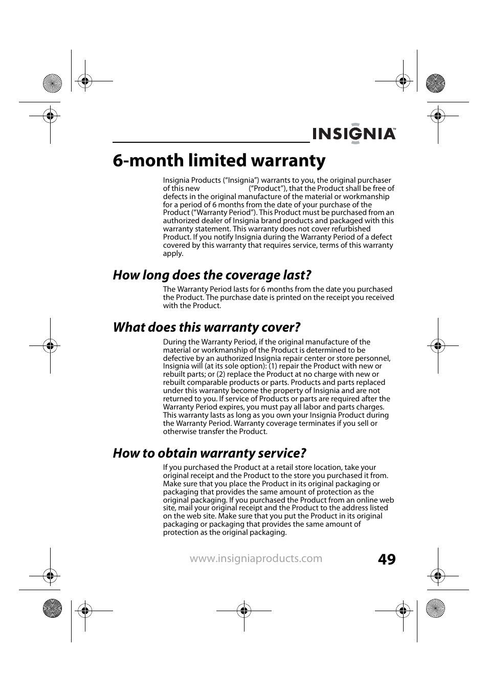 How long does the coverage last, What does this warranty cover, How to obtain warranty service | Month limited warranty | Insignia NS-DPF8TR User Manual | Page 49 / 52