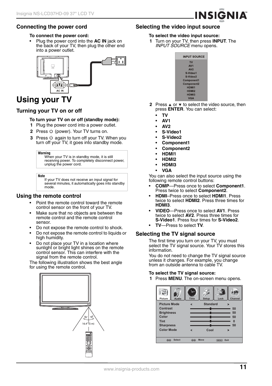 Connecting the power cord, Using your tv, Turning your tv on or off | Using the remote control, Selecting the video input source, Selecting the tv signal source, See “selecting the video input source | Insignia NS-LCD37HD-09 User Manual | Page 13 / 36