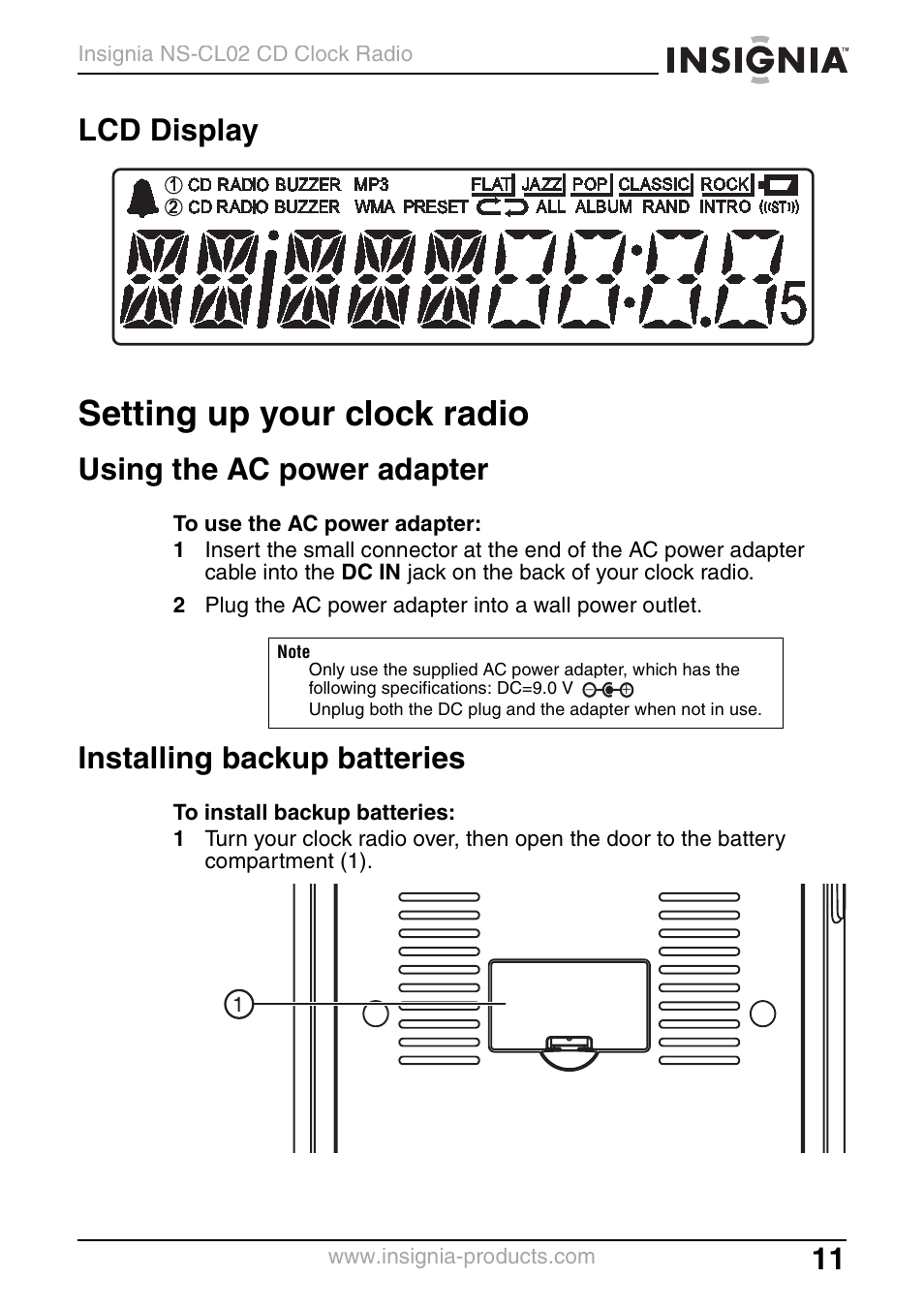 Lcd display, Setting up your clock radio, Using the ac power adapter | Installing backup batteries | Insignia NS-CL02 User Manual | Page 11 / 24