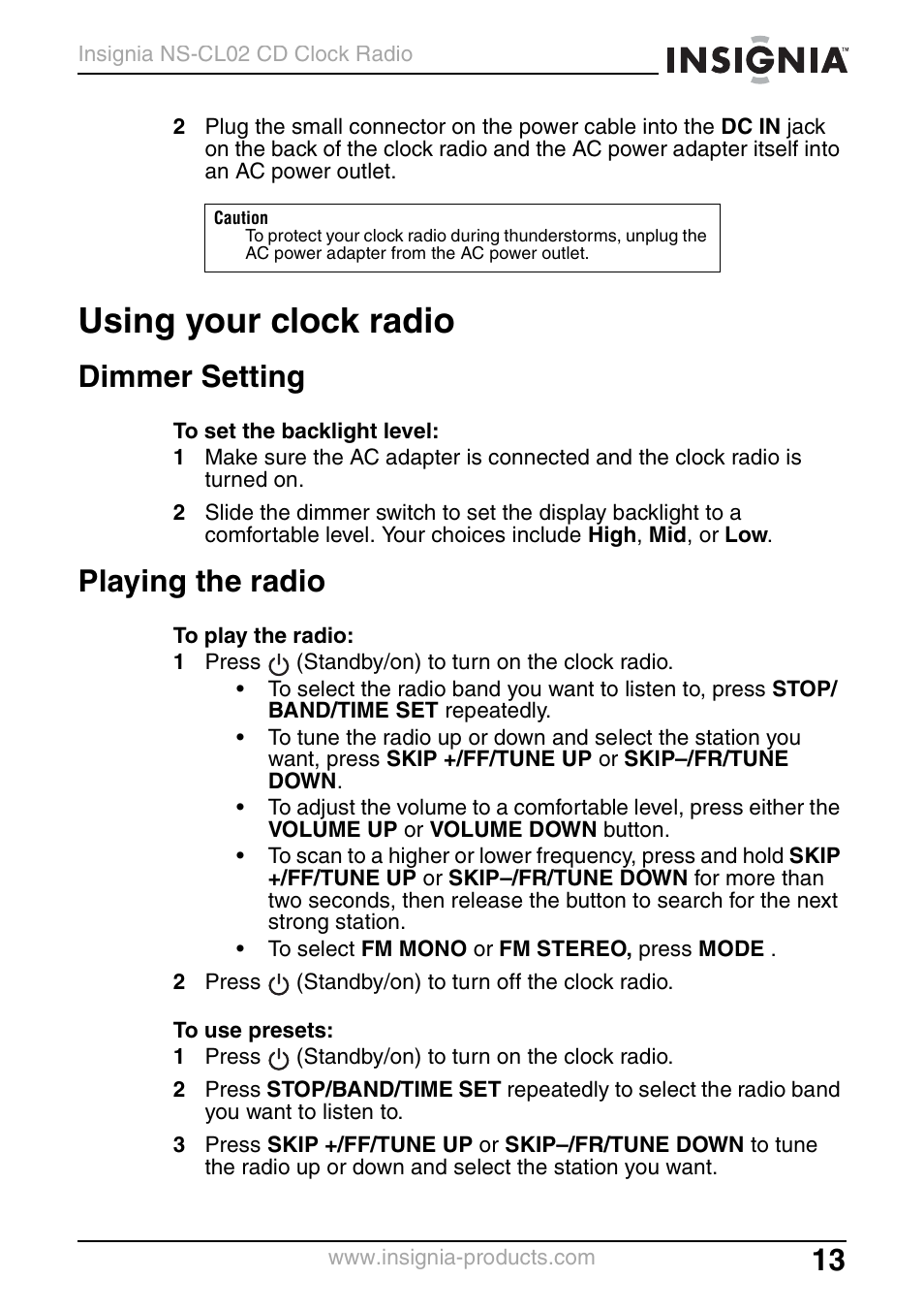 Using your clock radio, Dimmer setting, Playing the radio | Insignia NS-CL02 User Manual | Page 13 / 24