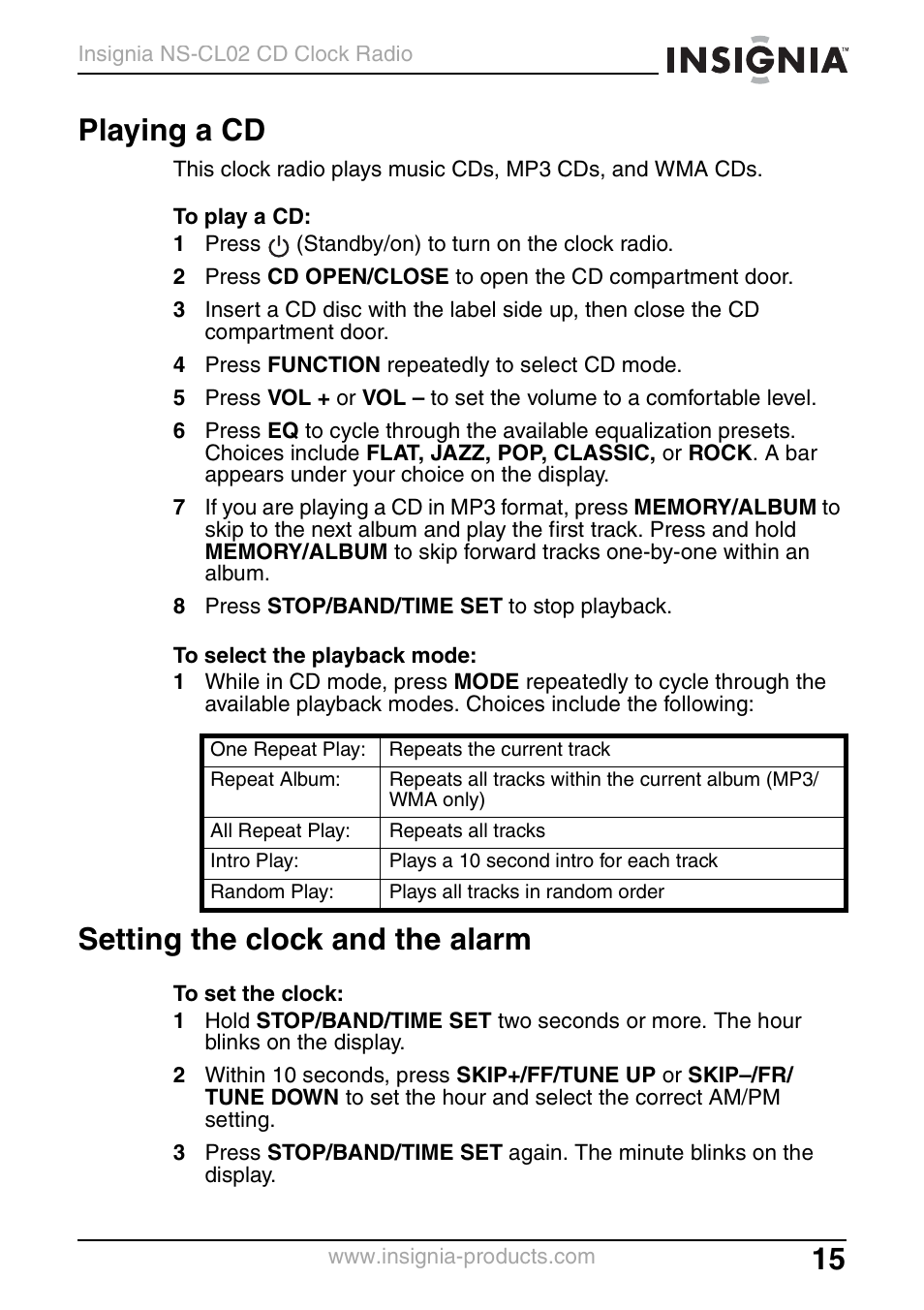 Playing a cd, Setting the clock and the alarm | Insignia NS-CL02 User Manual | Page 15 / 24