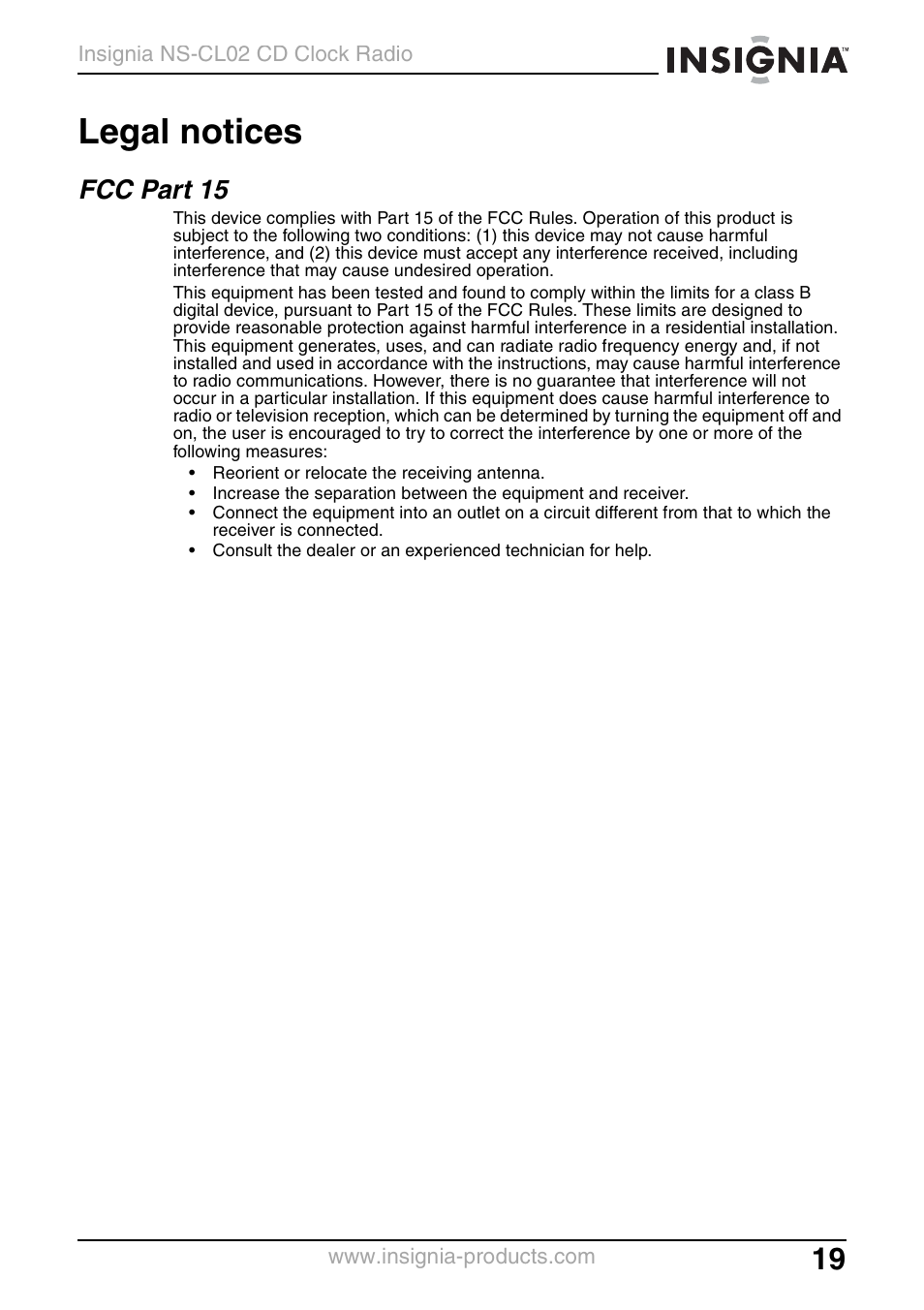 Legal notices, Fcc part 15 | Insignia NS-CL02 User Manual | Page 19 / 24