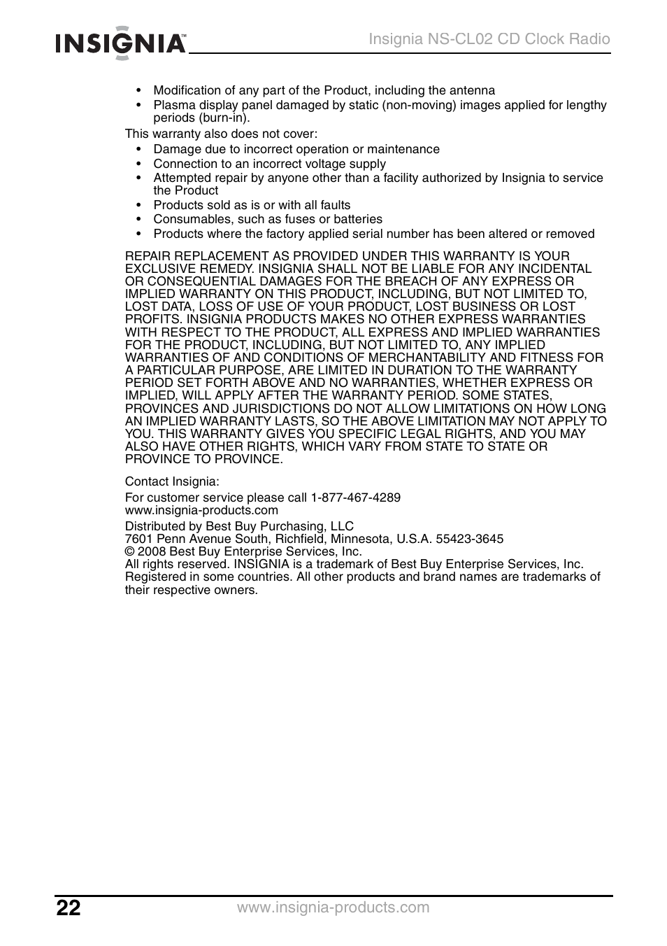 Insignia NS-CL02 User Manual | Page 22 / 24