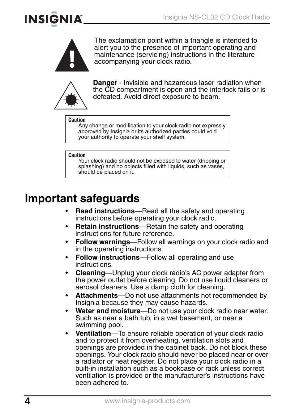 Important safeguards | Insignia NS-CL02 User Manual | Page 4 / 24