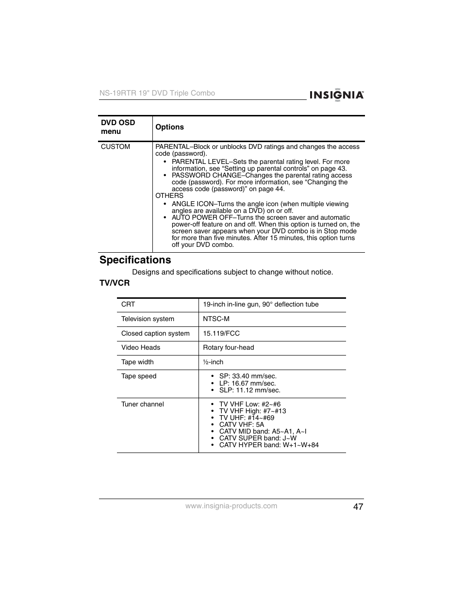 Specifications | Insignia NS-19RTR User Manual | Page 48 / 190