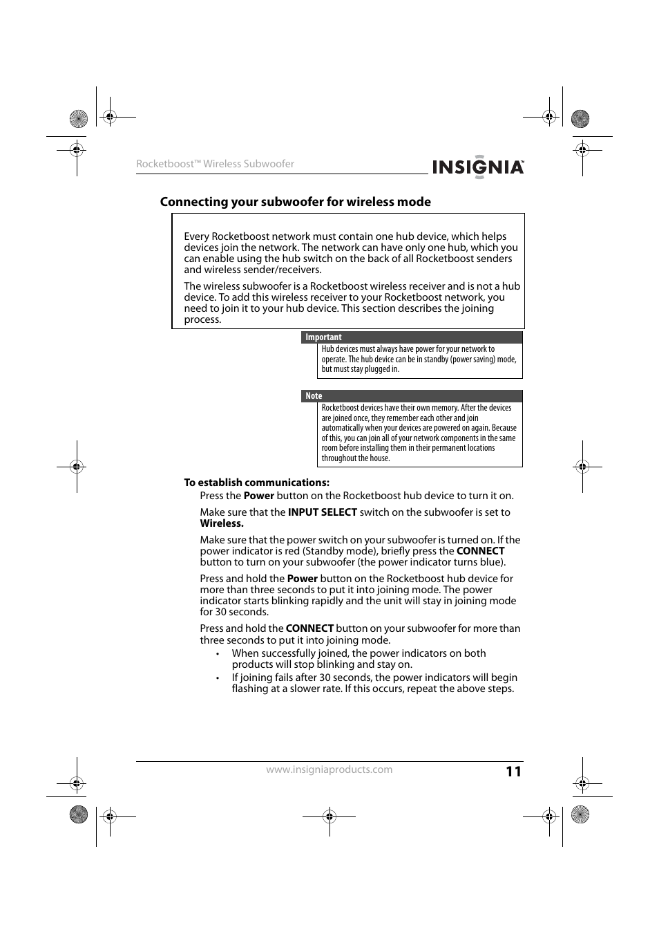 Connecting your subwoofer for wireless mode, To establish communications | Insignia NS-RSW211 User Manual | Page 11 / 21