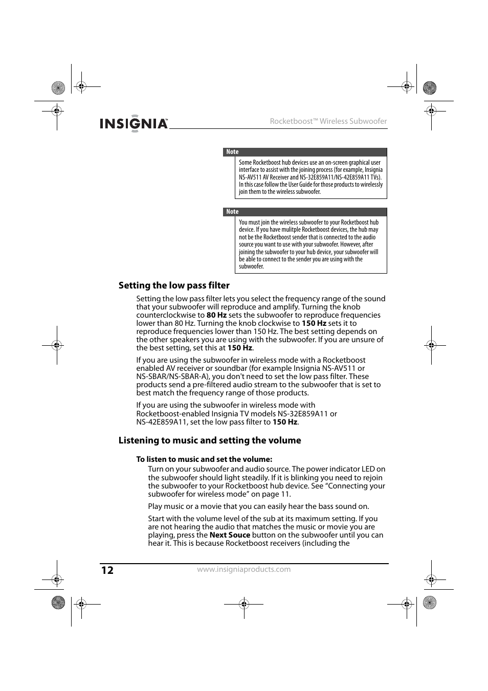 Setting the low pass filter, Listening to music and setting the volume, To listen to music and set the volume | Insignia NS-RSW211 User Manual | Page 12 / 21