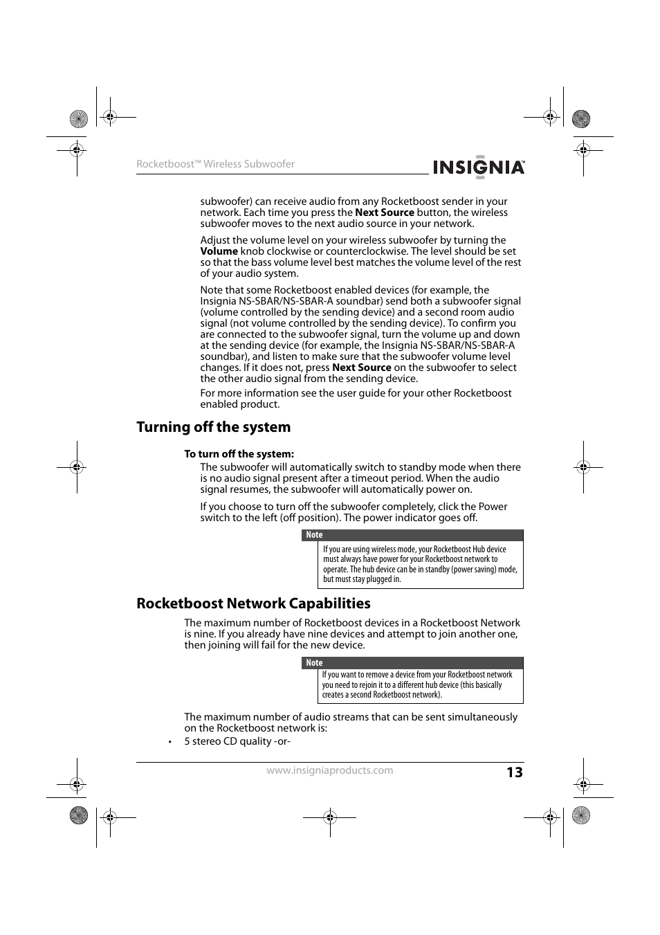 Turning off the system, To turn off the system, Rocketboost network capabilities | Insignia NS-RSW211 User Manual | Page 13 / 21