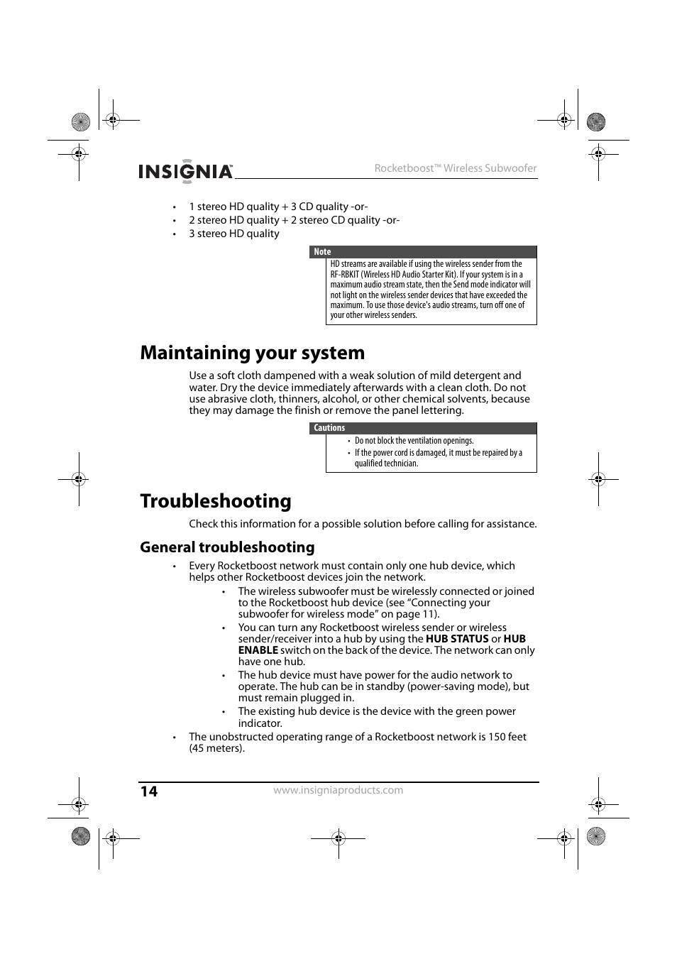 Maintaining your system, Troubleshooting, General troubleshooting | Maintaining your system troubleshooting | Insignia NS-RSW211 User Manual | Page 14 / 21