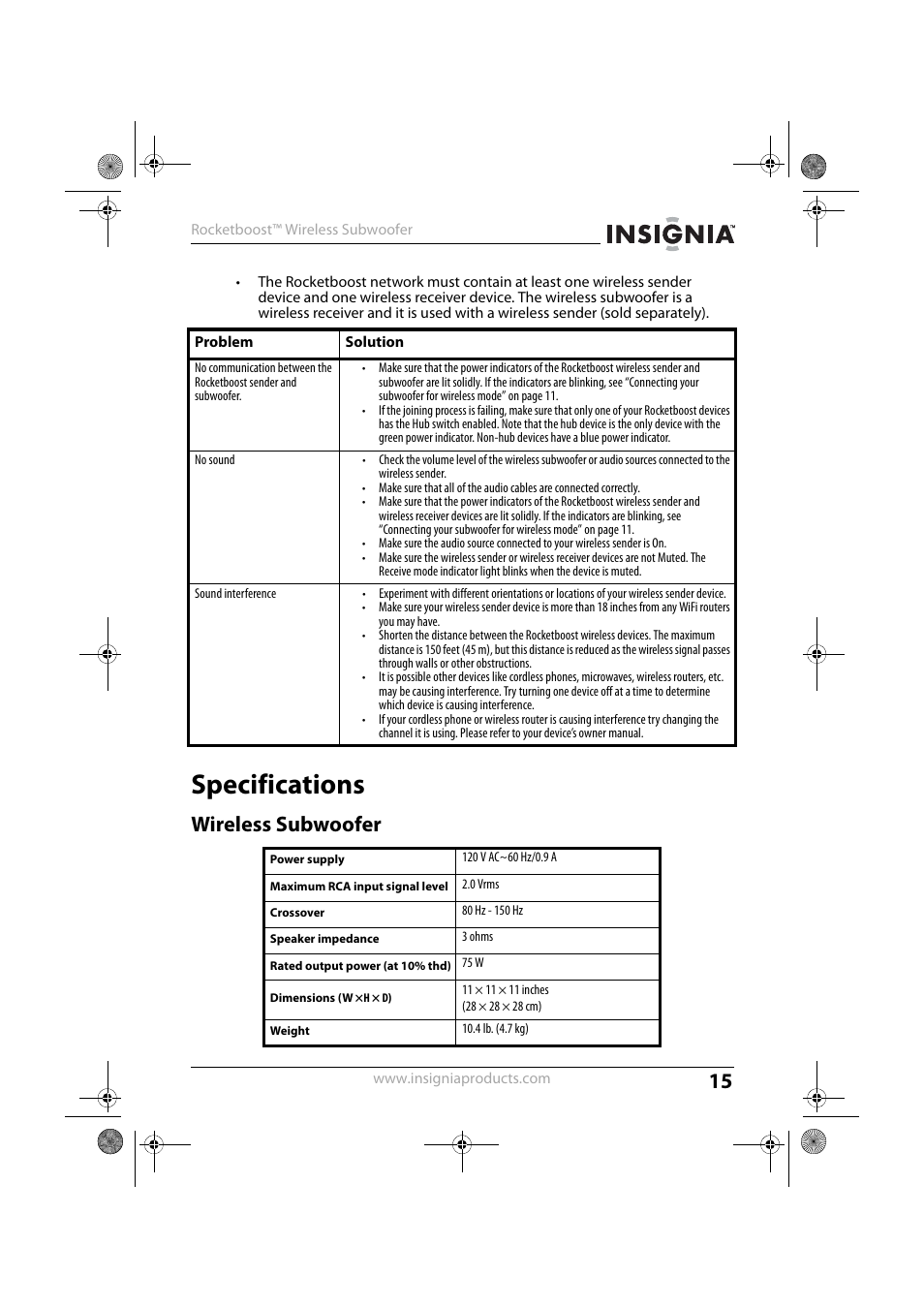 Specifications, Wireless subwoofer | Insignia NS-RSW211 User Manual | Page 15 / 21