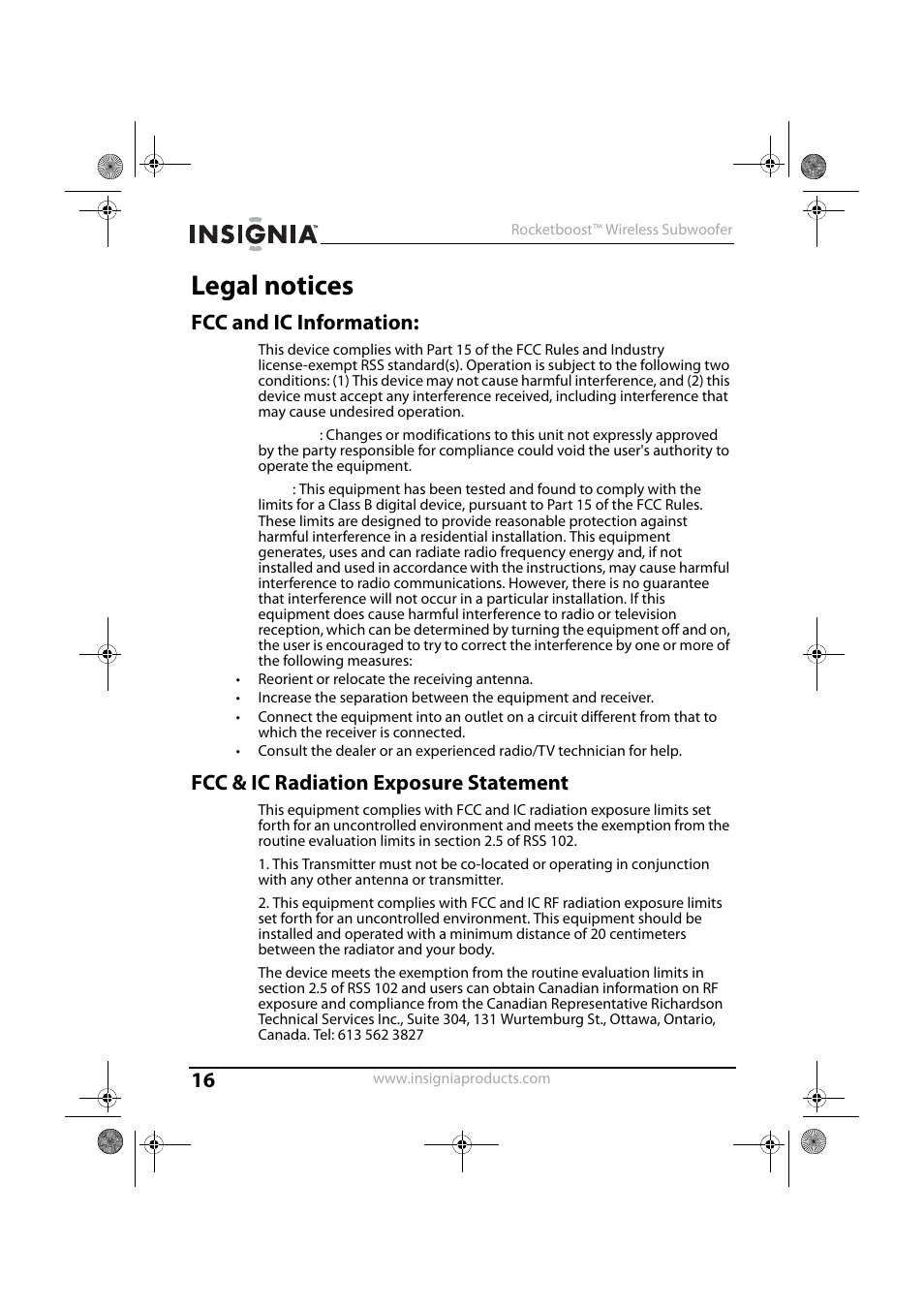 Legal notices, Fcc and ic information, Fcc & ic radiation exposure statement | Insignia NS-RSW211 User Manual | Page 16 / 21