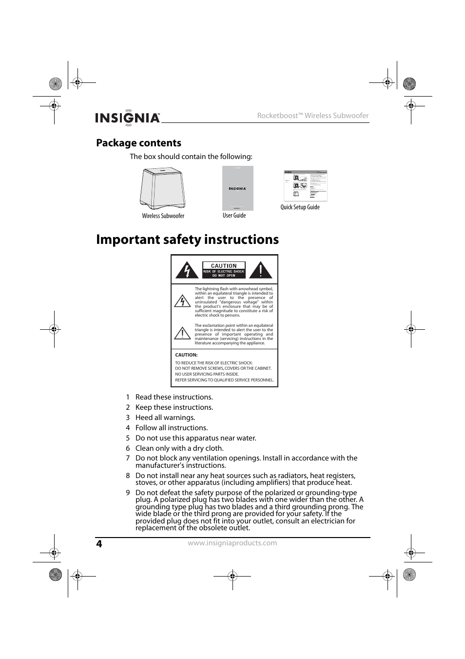 Package contents, Important safety instructions | Insignia NS-RSW211 User Manual | Page 4 / 21