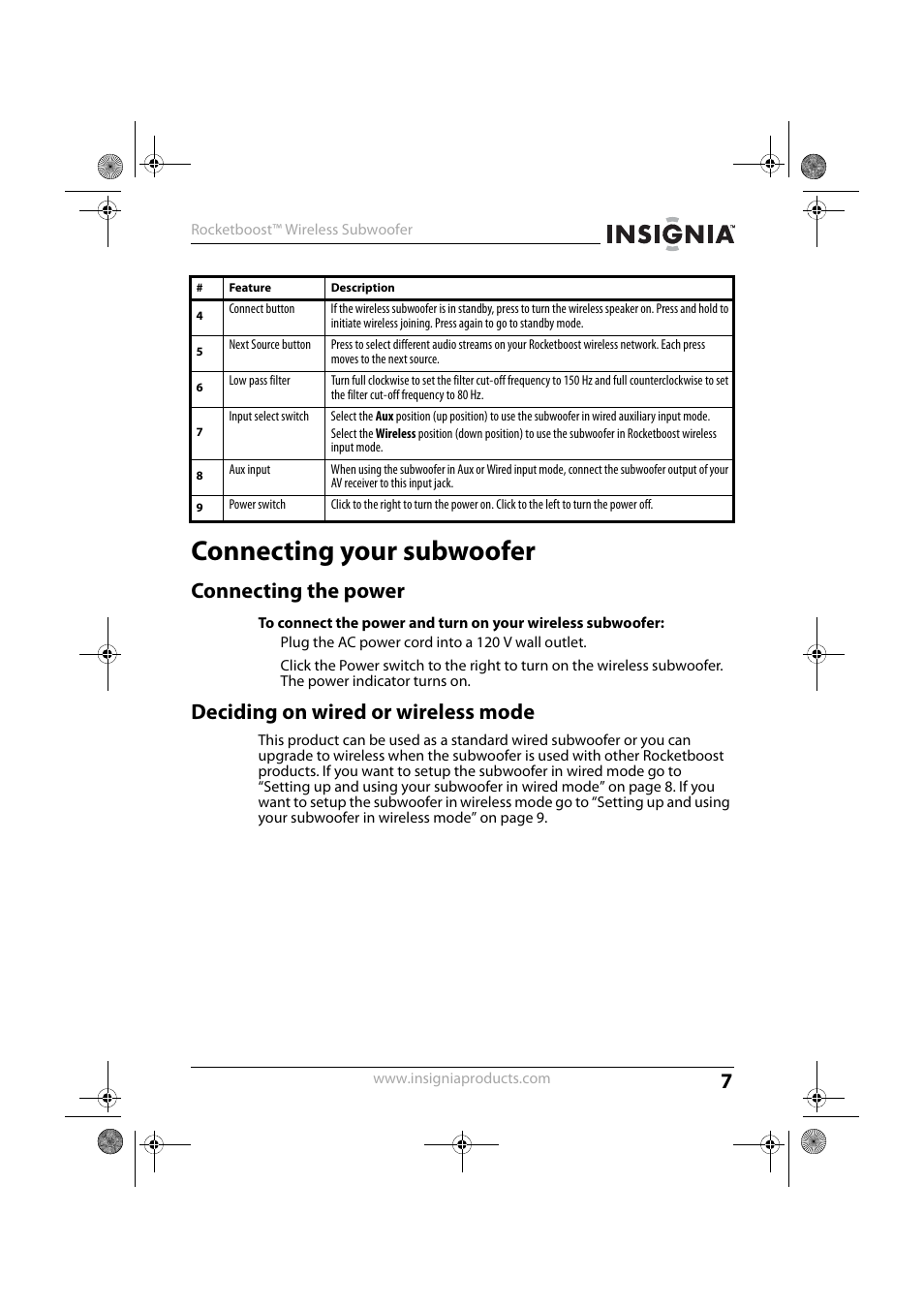 Connecting your subwoofer, Connecting the power, Deciding on wired or wireless mode | Insignia NS-RSW211 User Manual | Page 7 / 21