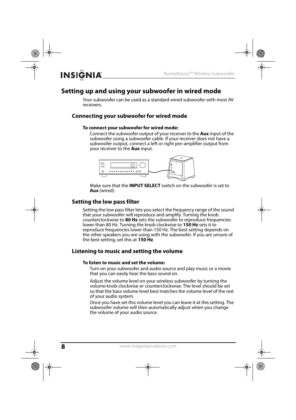 Setting up and using your subwoofer in wired mode, Connecting your subwoofer for wired mode, To connect your subwoofer for wired mode | Setting the low pass filter, Listening to music and setting the volume, To listen to music and set the volume | Insignia NS-RSW211 User Manual | Page 8 / 21