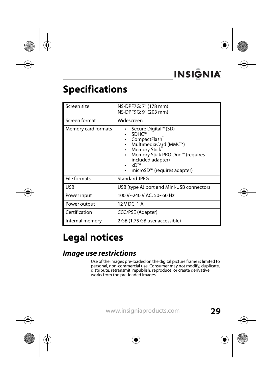 Specifications, Legal notices, Image use restrictions | Specifications legal notices | Insignia NS-DPF7G User Manual | Page 28 / 33