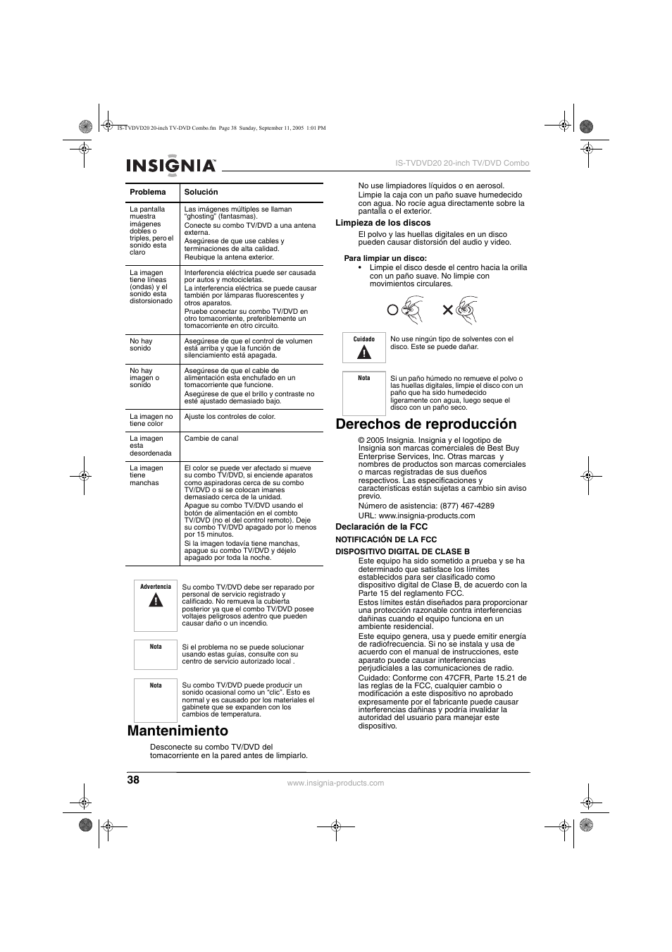 Mantenimiento, Derechos de reproducción | Insignia IS-TVDVD20 User Manual | Page 40 / 44