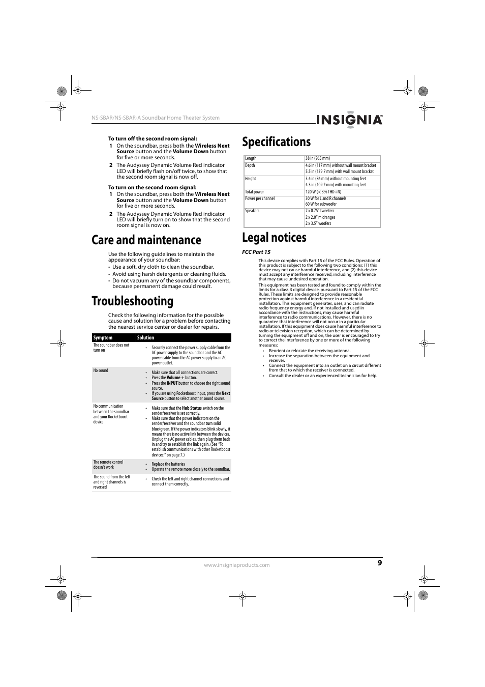 Care and maintenance, Troubleshooting, Specifications | Legal notices, Specifications legal notices | Insignia NS-SBAR User Manual | Page 11 / 14