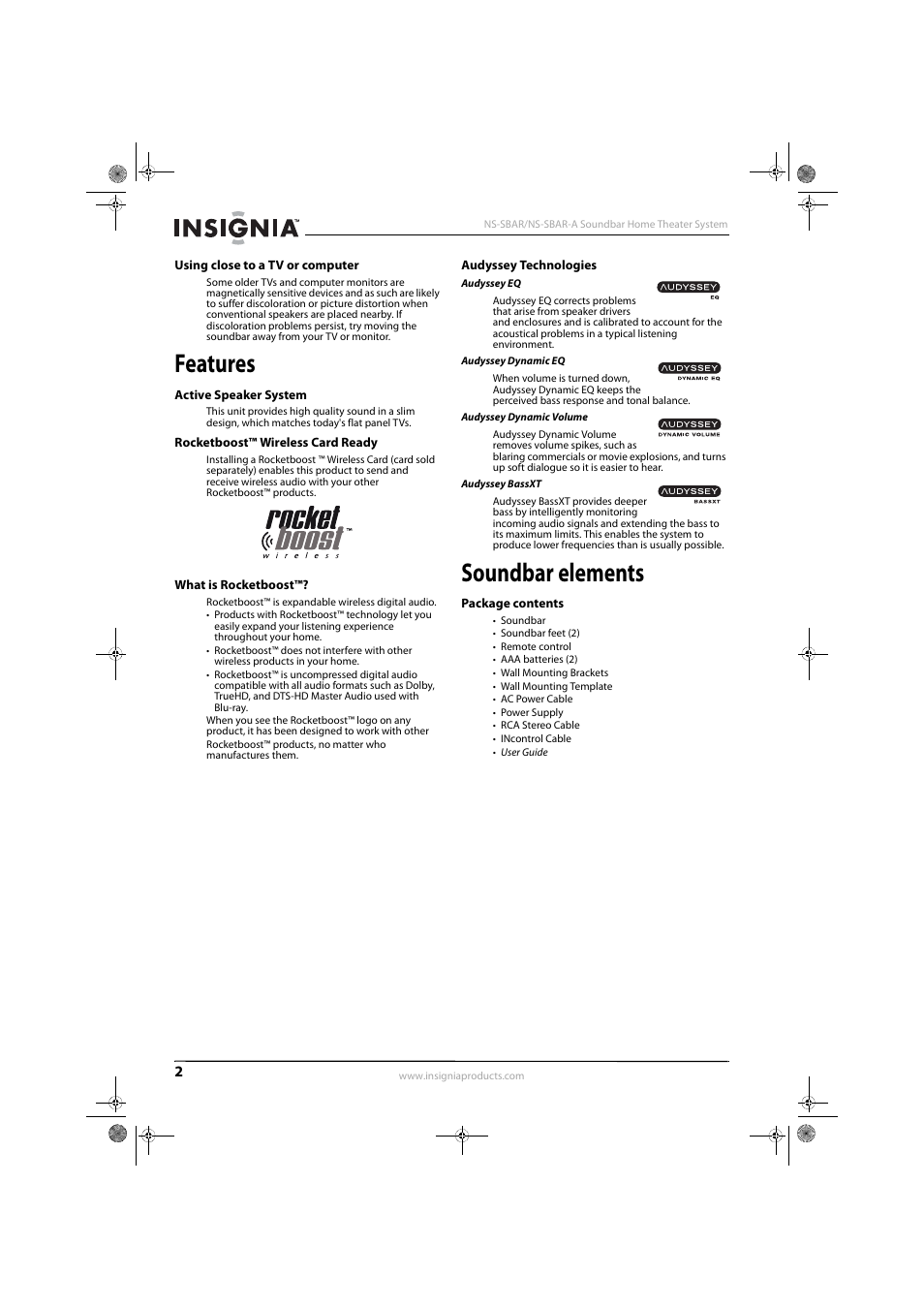 Using close to a tv or computer, Features, Active speaker system | Rocketboost™ wireless card ready, What is rocketboost, Audyssey technologies, Soundbar elements, Package contents | Insignia NS-SBAR User Manual | Page 4 / 14