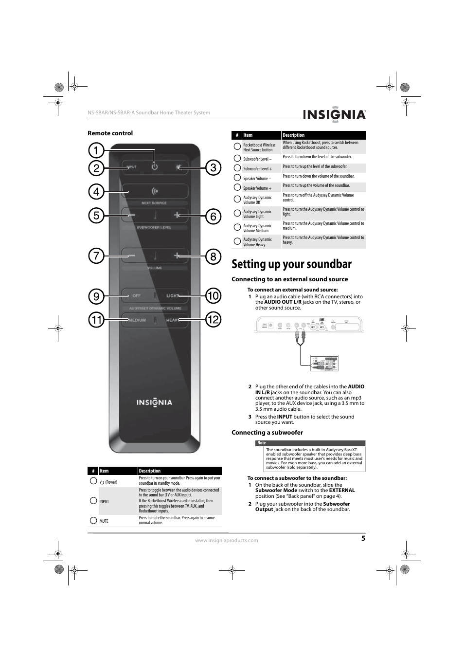 Remote control, Setting up your soundbar, Connecting to an external sound source | Connecting a subwoofer | Insignia NS-SBAR User Manual | Page 7 / 14