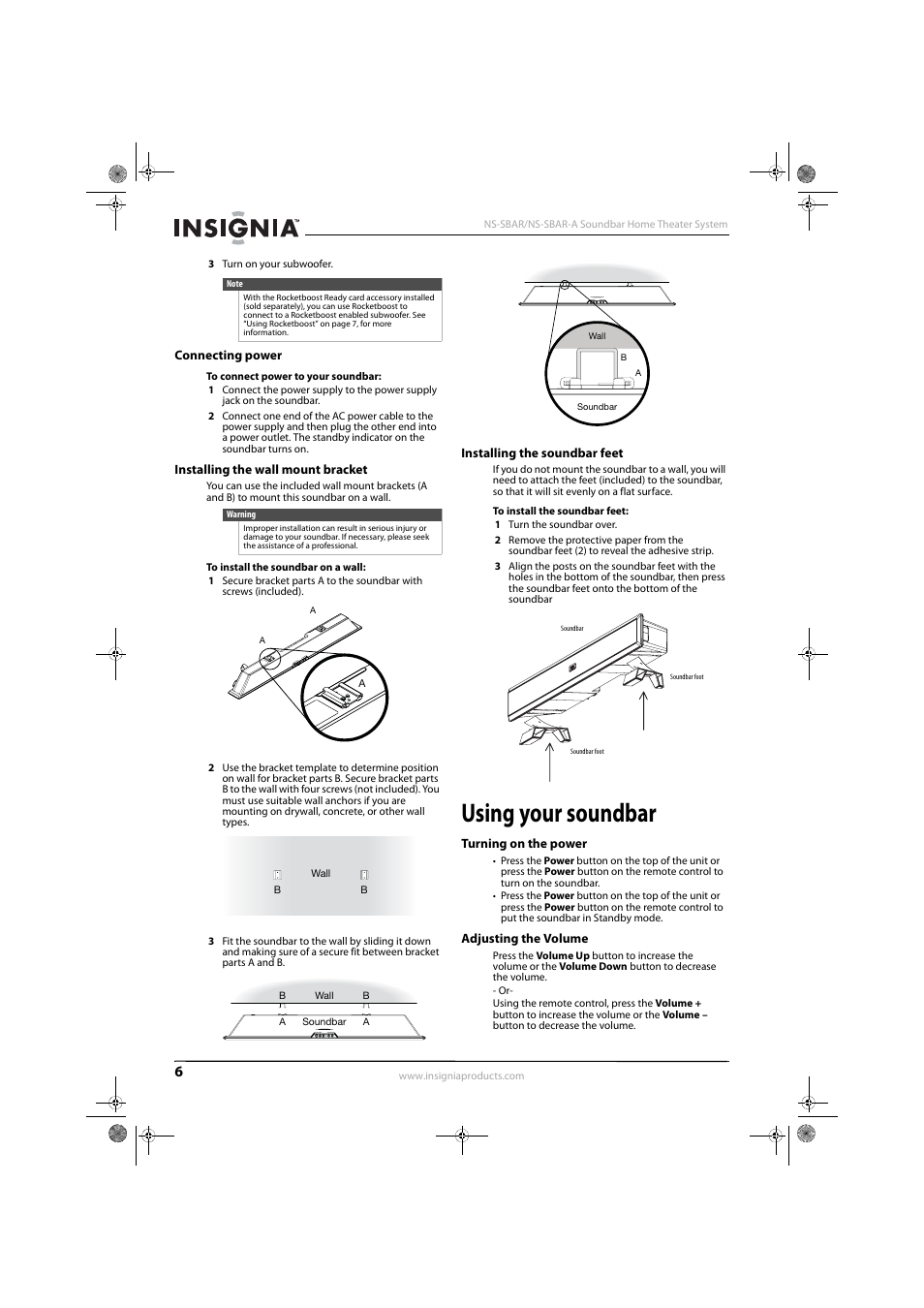 Connecting power, Installing the wall mount bracket, Installing the soundbar feet | Using your soundbar, Turning on the power, Adjusting the volume, Turning on the power adjusting the volume | Insignia NS-SBAR User Manual | Page 8 / 14