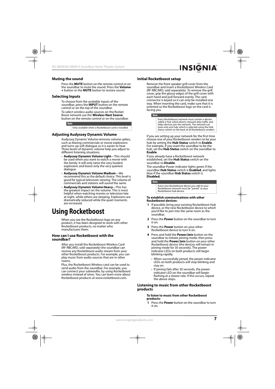 Muting the sound, Selecting inputs, Adjusting audyssey dynamic volume | Using rocketboost, How can i use rocketboost with the soundbar, Initial rocketboost setup, Listening to music from other rocketboost products | Insignia NS-SBAR User Manual | Page 9 / 14