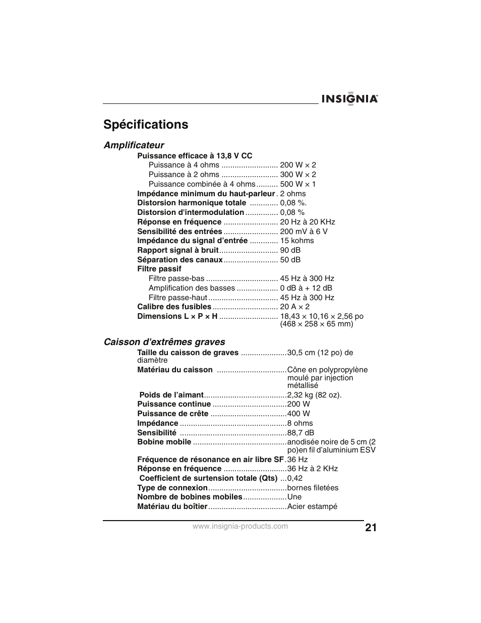 Spécifications, Amplificateur, Caisson d'extrêmes graves | Insignia NS-P2000 User Manual | Page 21 / 40